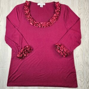August Silk Options Womens XL Burgundy Long Sleeve Ruffle Neck Cuff Top‎ Shirt
